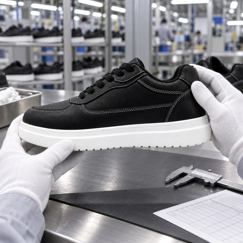 AI-generated factory process illustration featuring black leather sneakers with white stitching