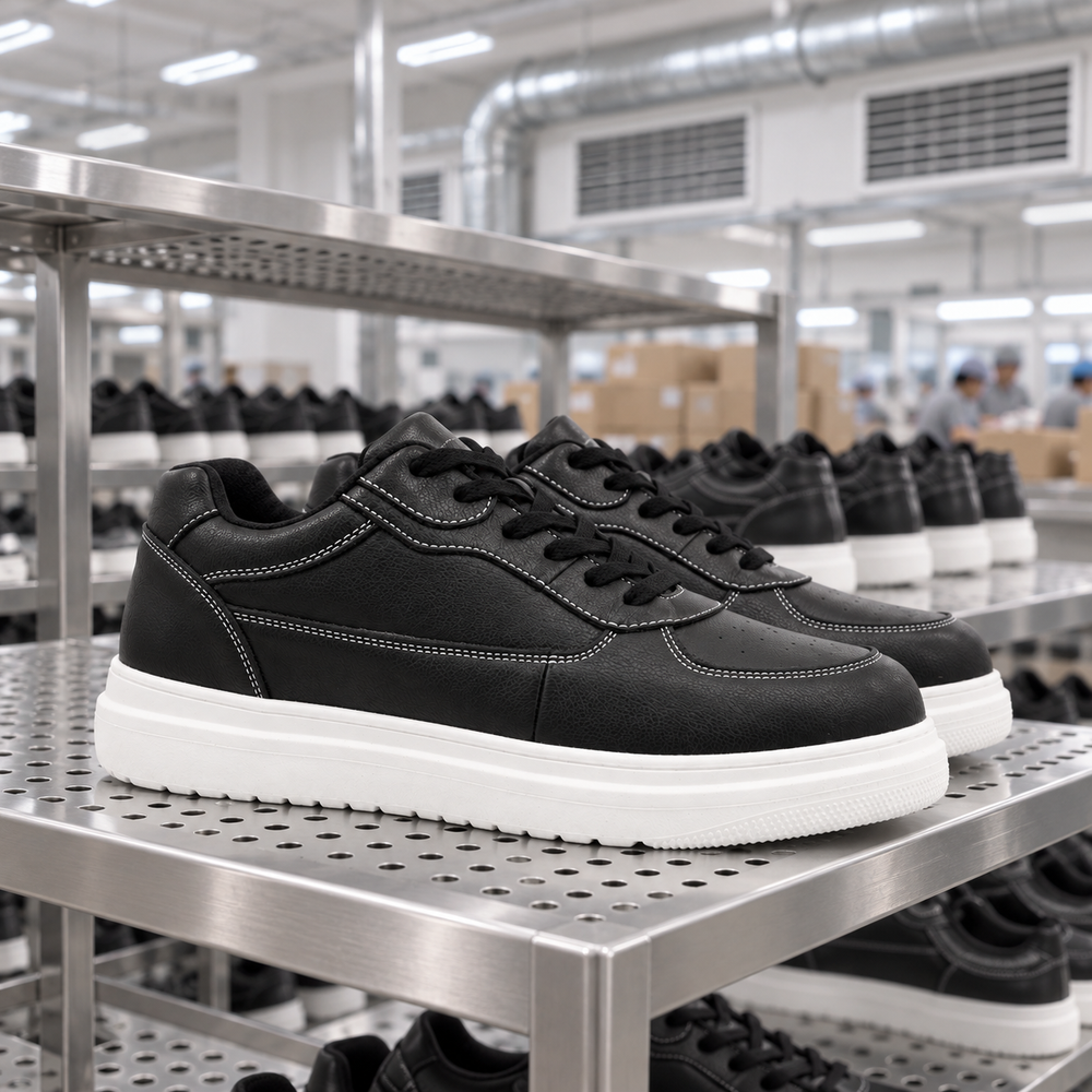 AI-generated factory process illustration featuring black leather sneakers with white stitching