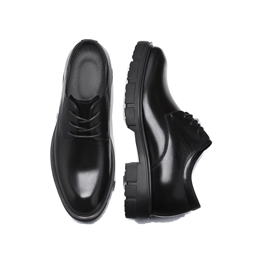 A28 black leather derby shoes, top and side views