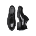 A28 black leather derby shoes, top and side views