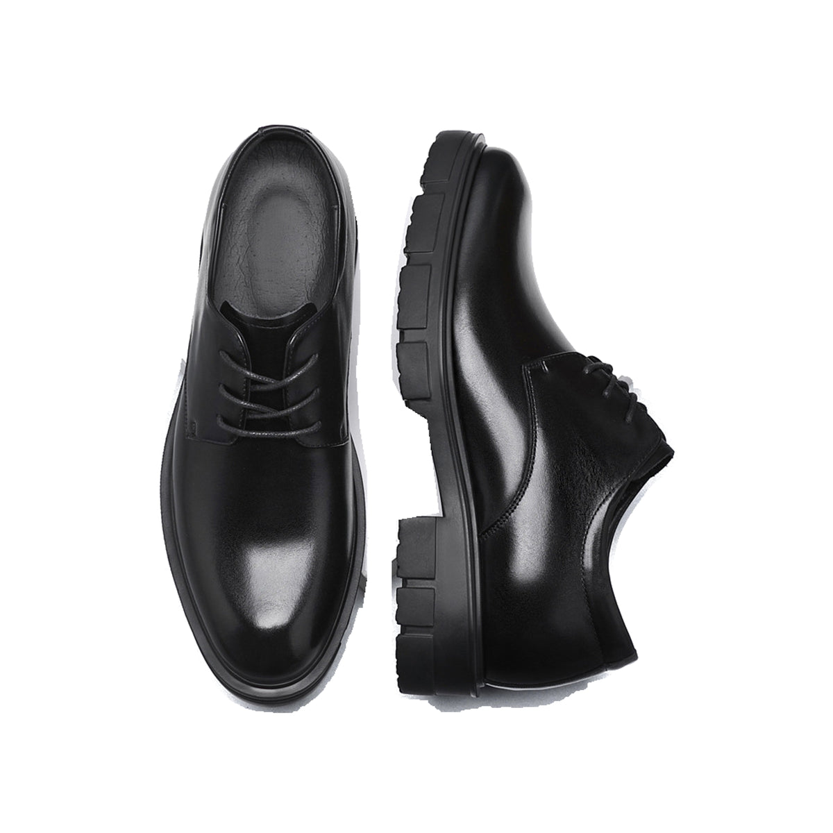 A28 black leather derby shoes, top and side views