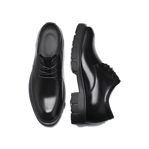 A28 black leather derby shoes, top and side views