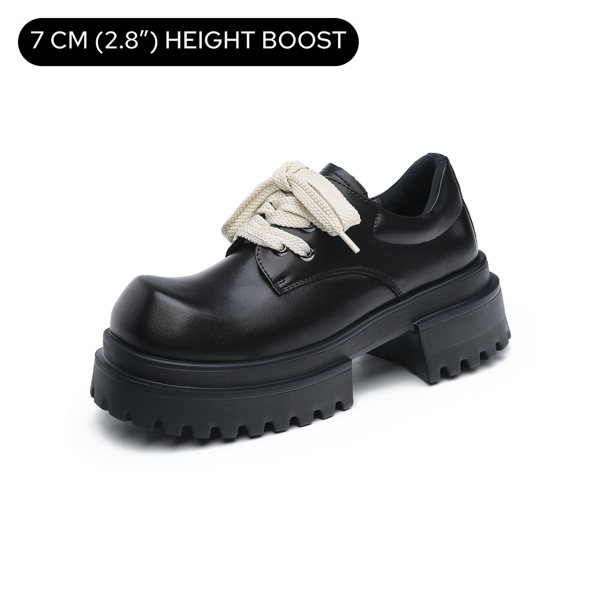 A21 platform derby shoes in Gloss Black, three-quarter view
